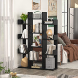 Aheaplus Bookshelf, Tree-Shaped Bookcase Storage Shelf with 13 compartments, Books Organizer Display Cube Shelves, Industrial Free Floor Standing Wood Open Bookshelves, Black Aheaplus