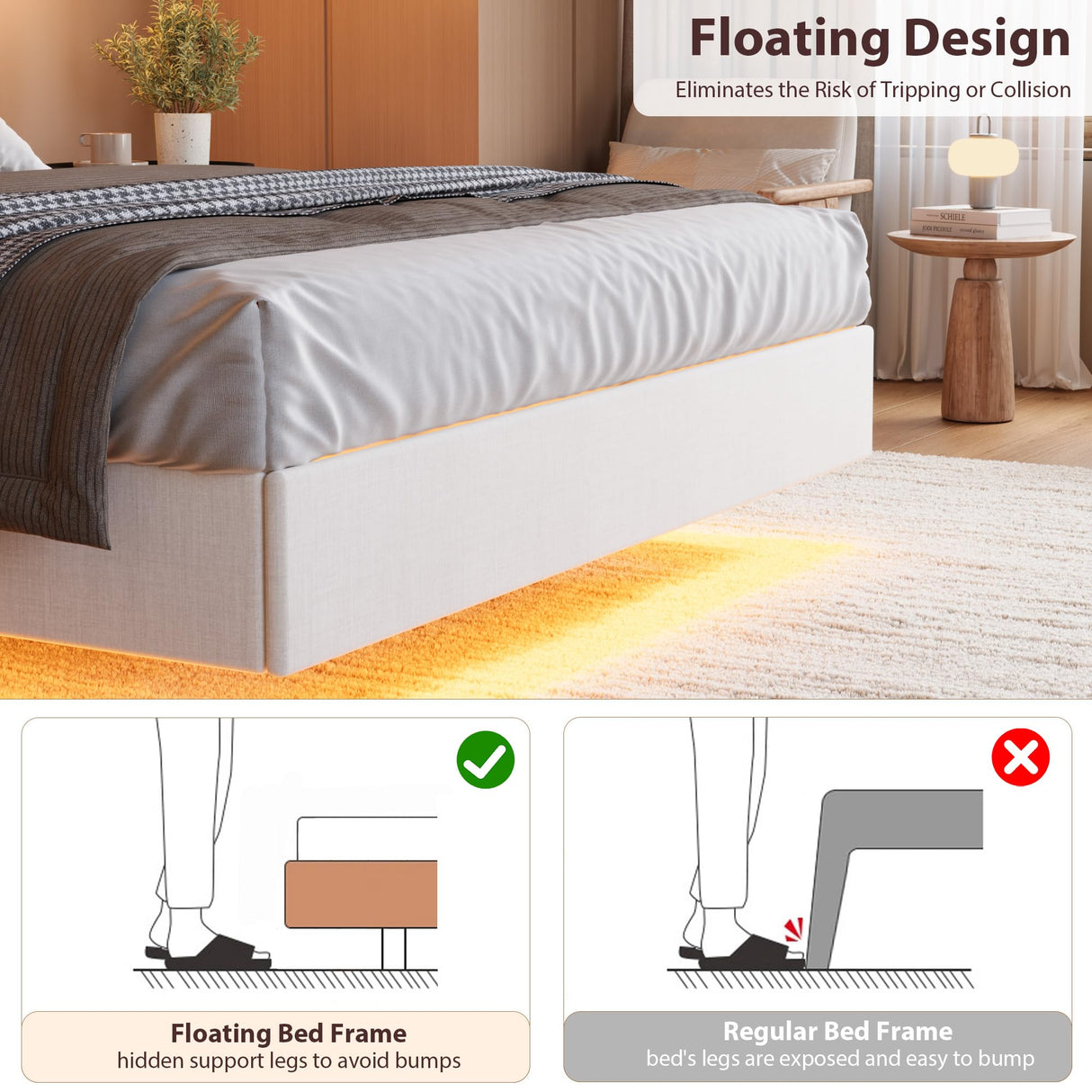 IDEALHOUSE Queen Floating Bed Frame with LED Lights & Charging Station, Upholstered Platform Bed with Storage Headboard, Wood Slats Support, No Box Spring Needed, Easy to Assemble, White IDEALHOUSE