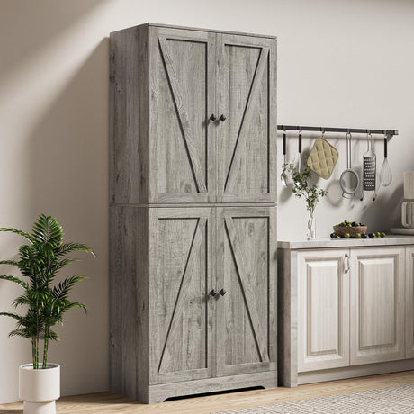 LYNSOM Farmhouse Storage Cabinet 72" Tall, Kitchen Pantry Cabinet with 4 Barn Doors and Adjustable Shelves, Freestanding Storage Cabinets for Kitchen, Grey LYNSOM
