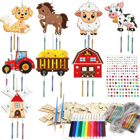 gisgfim 16 Pack Farm Animals Wind Chime Kits Crafts for Kids Make Your Own Farmhouse Wind Chime Wooden DIY Coloring Arts Crafts for School Home Barnyard Tractor Party Hanging Decoration Supplies Favor gisgfim