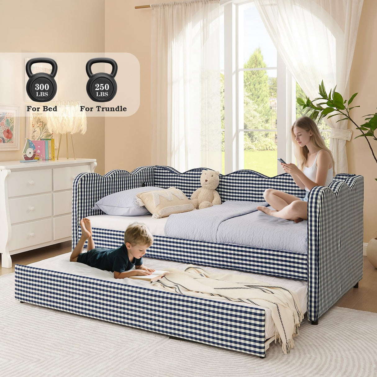 Twin to King Daybed with Trundle, USB Ports Soft Upholstered Daybed with Pop Up Trundle Bed Twin, Modern Extendable Day Bed Frame for Kids Bedroom Living Room Guest Room Small Places Navy Blue Deolme