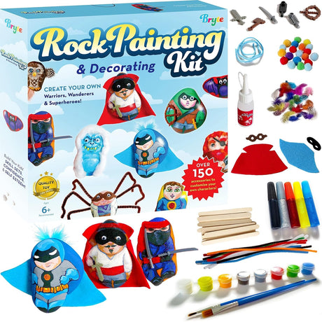 BRYTE 150+ Piece Deluxe Kids Rock Painting Kit, 10 Rocks with Waterproof Paints, Glue & Accessories, DIY Arts and Crafts STEM Activities for Age 6-12 Years, Warrior & Monster BRYTE