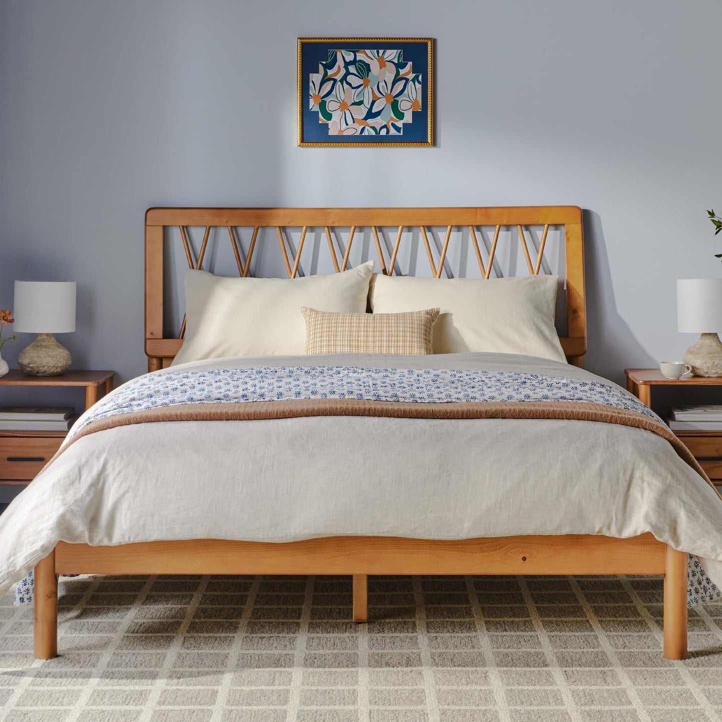 Walker Edison Queen Transitional Geometric X Pattern Headboard Solid Wood Bed, Queen Size, Caramel - WoodArtSupply