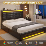 ADORNEVE Queen Bed Frame with Storage Headboard & 4 Drawers, LED Bed Frame Queen with Charging Station, Leather Upholstered Platform Bed Frame with Button Tufted, No Box Spring Needed, Black PU ADORNEVE