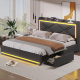 Full Bed Frame with RGB LED Lights Headboard & USB-C/A Charging Station, Modern Upholstered Platform Bed with Storage Drawers, Heavy Duty Steel Slats, No Box Spring Needed, Dark Gray BTHFST