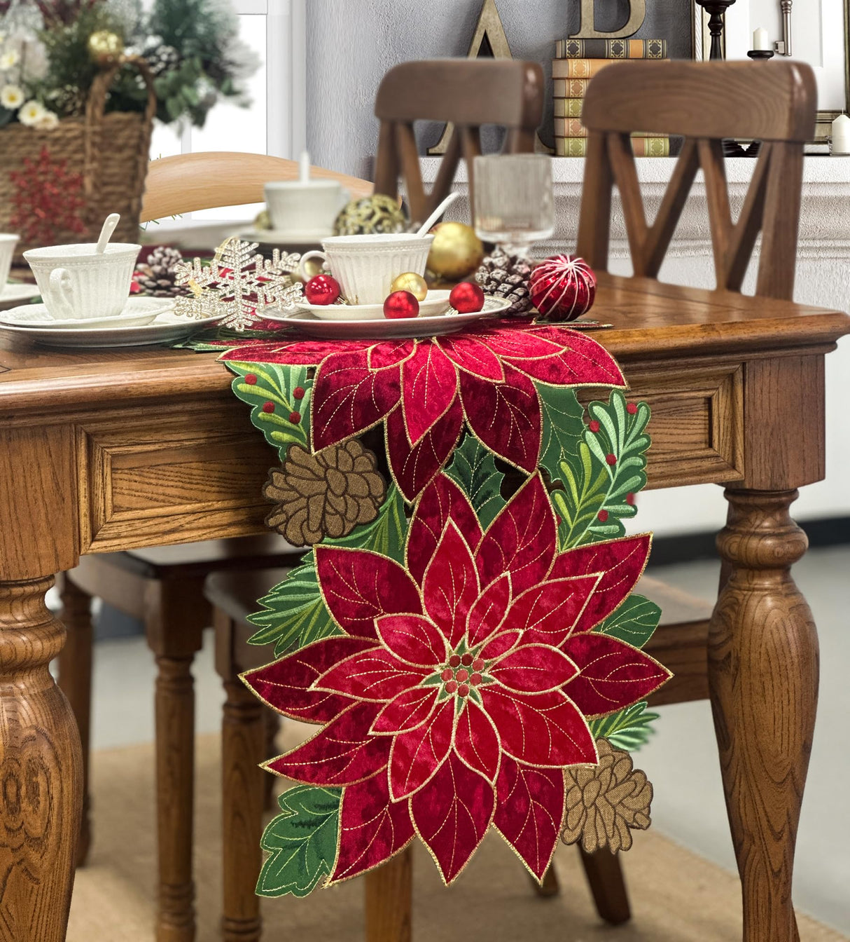 KEVA Holiday Christmas Table Runner 72 inches Long, Embroidered Red Velvet Poinsettia Cutwork Christmas Table Decorations for Home and Kitchen, Red Table Runner 13 Inch x 72Inch KEVA