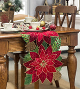 KEVA Holiday Christmas Table Runner 72 inches Long, Embroidered Red Velvet Poinsettia Cutwork Christmas Table Decorations for Home and Kitchen, Red Table Runner 13 Inch x 72Inch KEVA