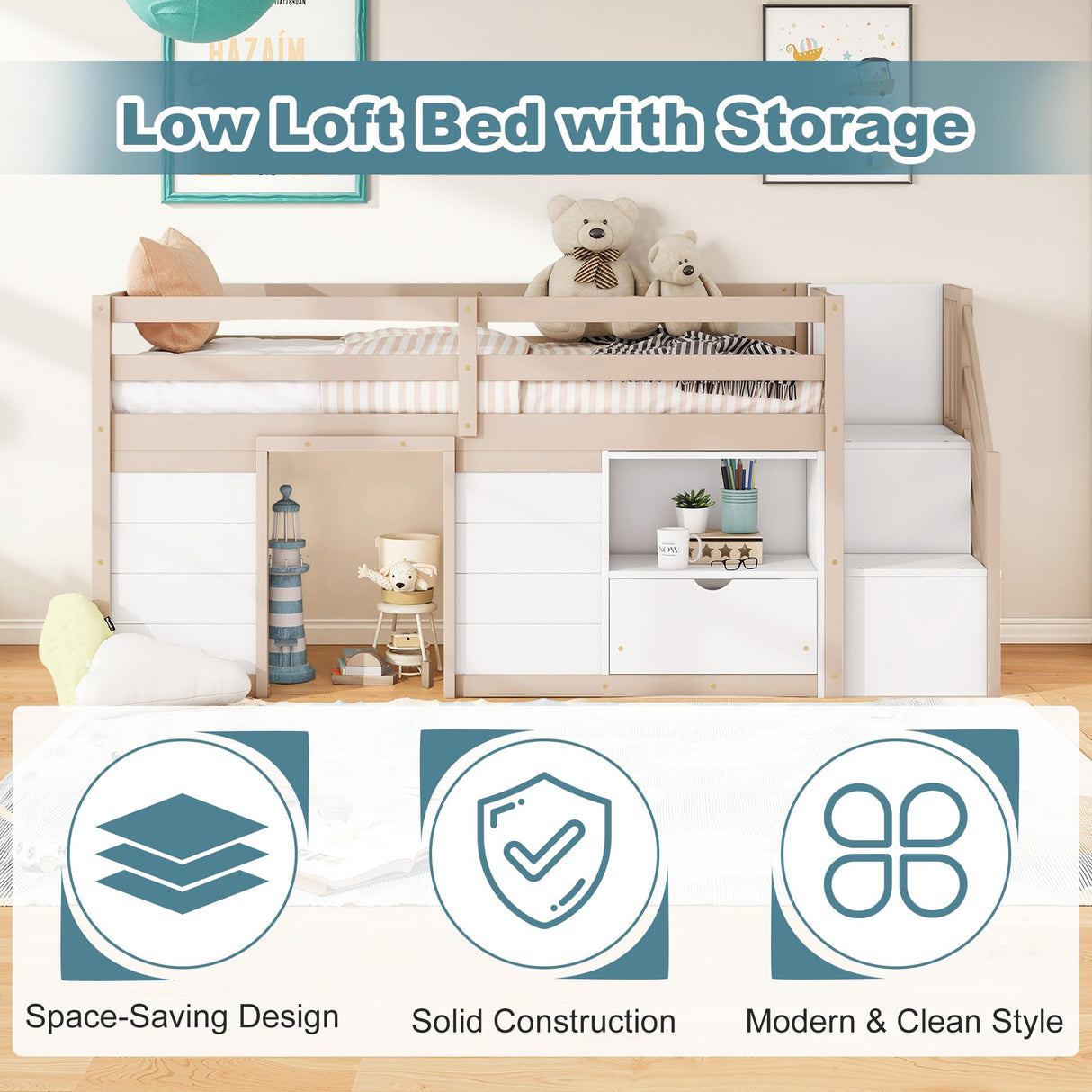 Okak Twin Size Low Loft Bed, Kids Loft Bed Frame with Playhouse, Drawer, Shelf, Stairs for Storage, Toddler Beds Frame with Safety Guardrail and Strong Wood Slats for Girls or Boys - White & Cream Okak