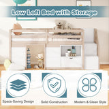 Okak Twin Size Low Loft Bed, Kids Loft Bed Frame with Playhouse, Drawer, Shelf, Stairs for Storage, Toddler Beds Frame with Safety Guardrail and Strong Wood Slats for Girls or Boys - White & Cream Okak