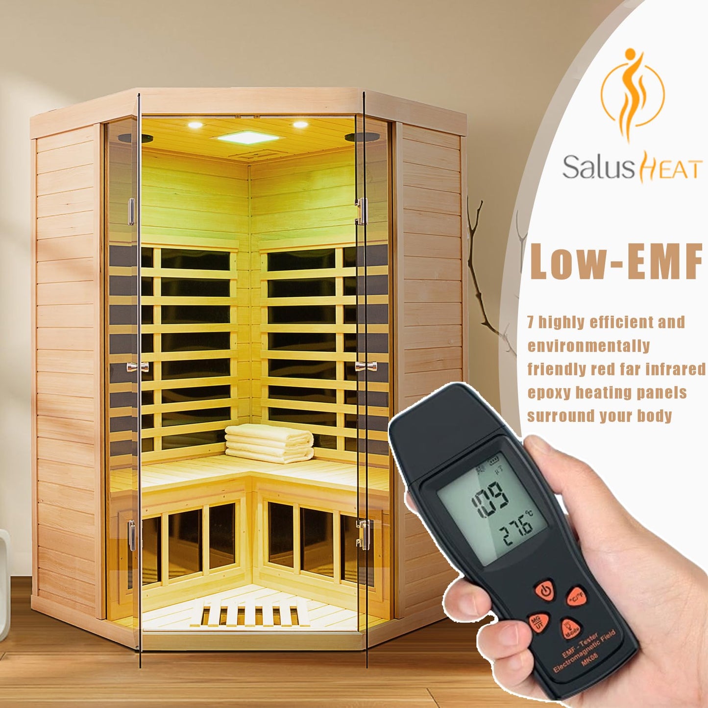 2 Person Far Infrared Sauna Low EMF 7 Heating Panel 1520W Indoor Sauna Canadian Hemlock Wood Sauna for Home with Control Panel Bluetooth Speakers Chromotherapy Lights Reading Lamp Tempered Glass Door