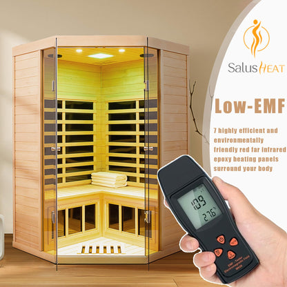 2 Person Far Infrared Sauna Low EMF 7 Heating Panel 1520W Indoor Sauna Canadian Hemlock Wood Sauna for Home with Control Panel Bluetooth Speakers Chromotherapy Lights Reading Lamp Tempered Glass Door