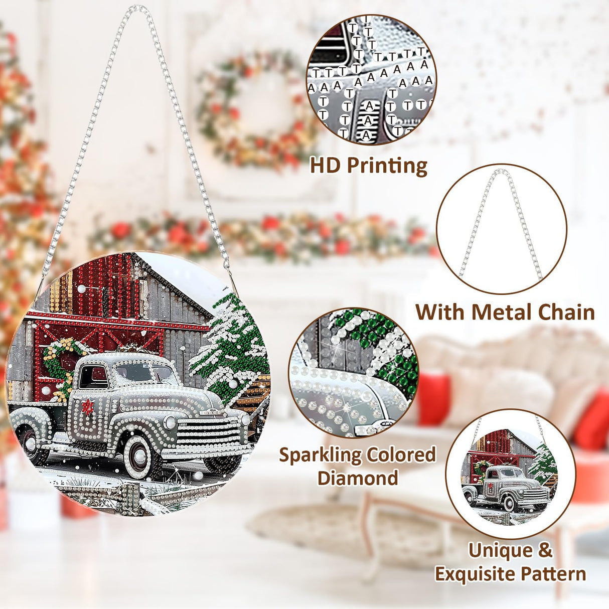 SENQAO Christmas Diamond Art Hanging Kits for Adults Kids, Farmhouse Truck Diamond Art Suncatchers, 5D Special Shape Diamond Painting Pendant Window Ornament Gifts for Home Door Wall Decor SENQAO