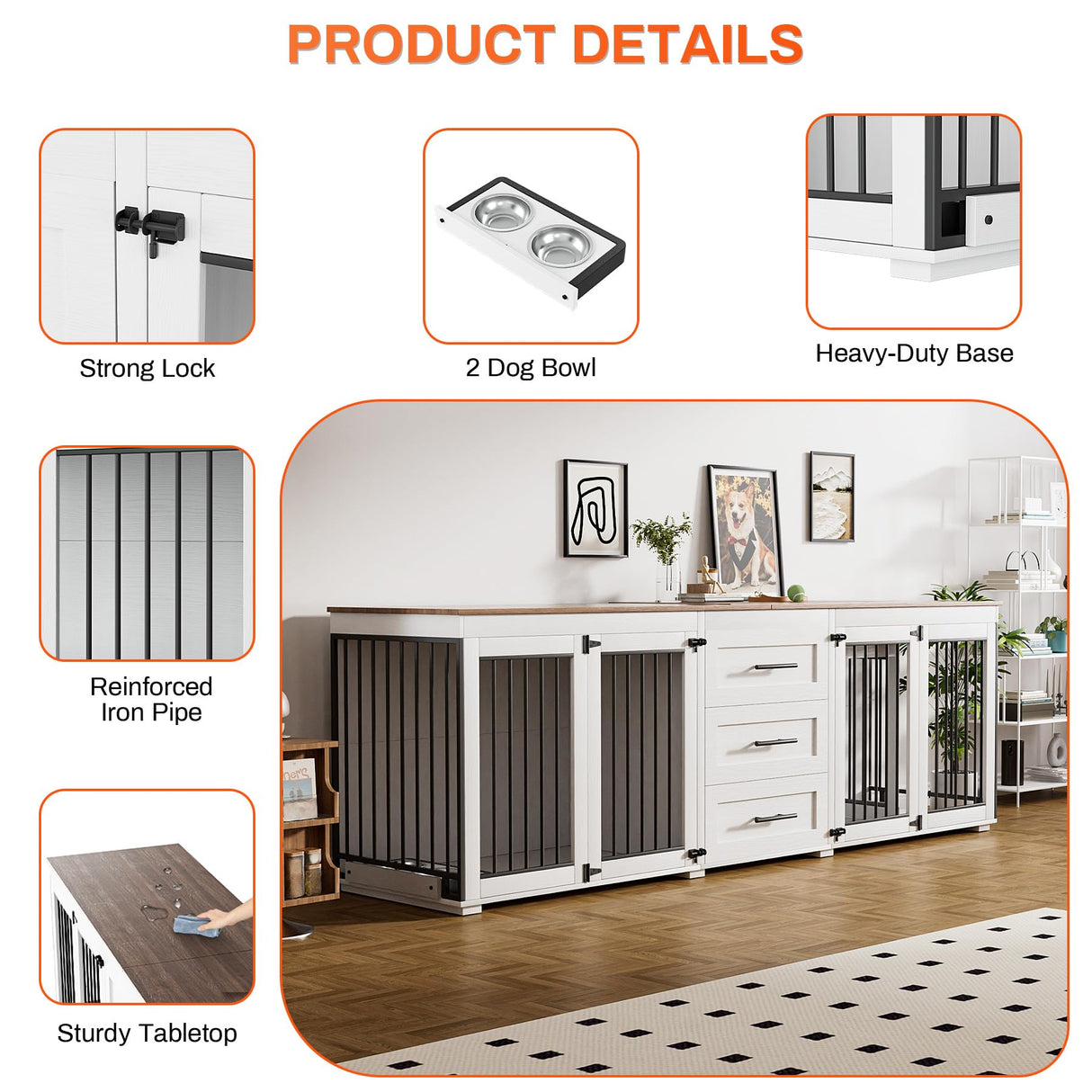 Rophefx 94.5" Dog Crate Furniture for 2 Dogs, Large Dog Kennel Furniture with 3 Storage Drawer, Wooden Dog Cage with 4 Bowls, Indoor Dog House TV Stand with Locks for Large Medium Dog, White Rophefx