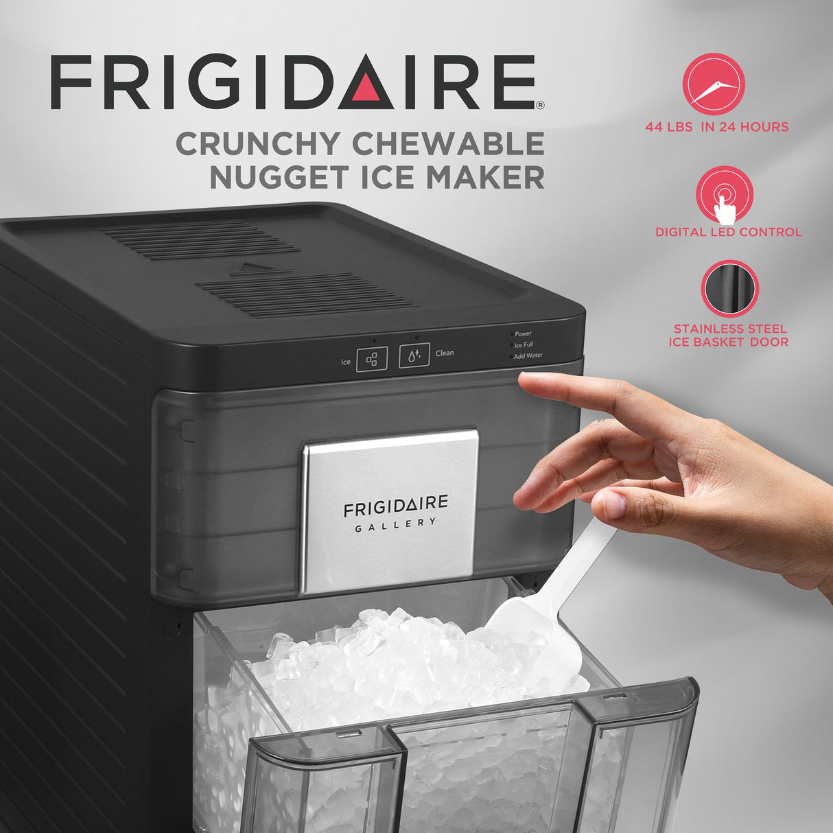 FRIGIDAIRE Gallery Countertop Crunchy Chewable Nugget Ice Maker, 44lbs per Day, Auto Self Cleaning, 2.0 Gen, Black Frigidaire