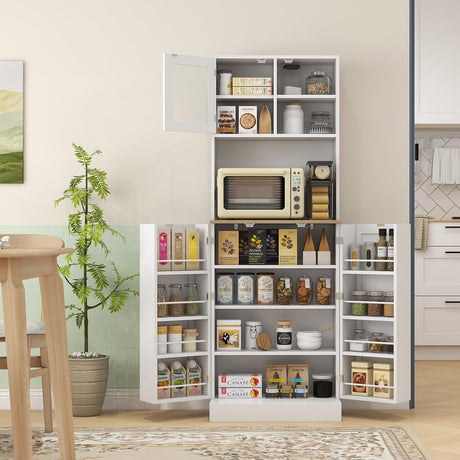 HOMCOM 66.5" Pantry Cabinet with Microwave Stand, Freestanding Kitchen Storage Cabinet with Hutch, 8 Door Shelves, Adjustable Shelves, Food Pantry Cabinet for Dining Room, White HOMCOM