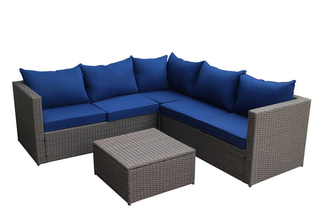 Home Life Navy Blue Large Outdoor Patio 4 Piece Modern Brown Rattan Wicker Sectional Sofa Cushions-with Coffee Table/Ottoman HomeLife