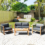 Tangkula Outdoor Wood Furniture Set, Acacia Frame Loveseat Sofa, 2 Single Chairs and Coffee Table, 4 Pieces Conversation Set with Cushions, Garden Balcony Poolside Living (1, Grey) Tangkula