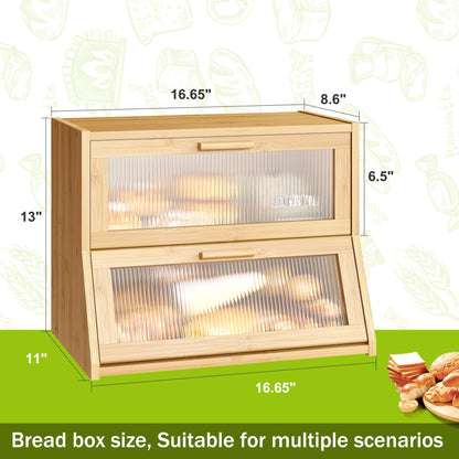 Large Bread Box Double Layer Bamboo Bread Box for Kitchen Counter Container Farmhouse Bread Box Bread Holder Capacity Bread Storage Bin(Natural)