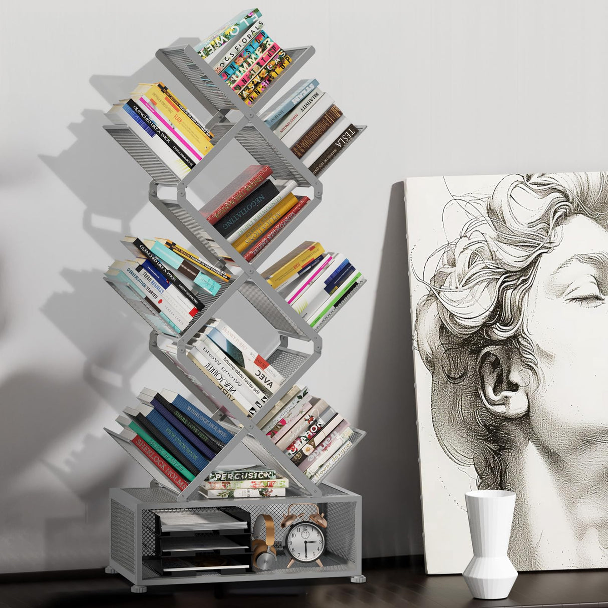 Gintan 9-Tier Modern Book Shelves with Storage, Bedroom Shelves Folding Bookshelves, No Installation Required Shelf Tree Bookcase for Living Room, Study, Home Office, Bed Room (Grey) Gintan