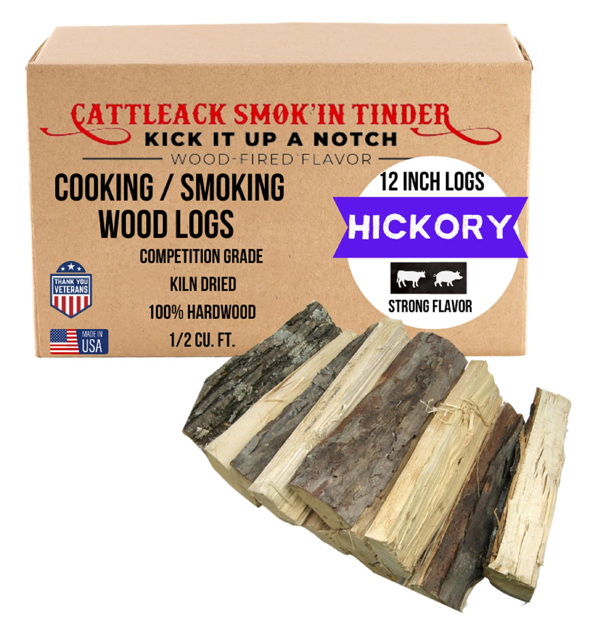 Cattleack Smok'in Tinder Logs, Cooking, Smoking, Grilling, Master BBQ - USA Smoking Wood Logs, 12" Length, Up to 3" Wide, Comes in 12"x12"x6" Box, 1/2 Cu. Ft., Secret to Smoky Perfection (Hickory) Cattleack Smok'in Tinder