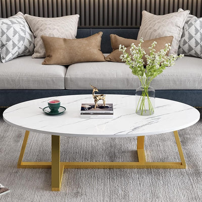 Wolawu Coffee Table White Faux Marble Coffee Table for Living Room,Oval Center Tables Modern Tea Table for Small Space,Wooden Living Room Tables End Table with Sturdy Gold Metal Leg