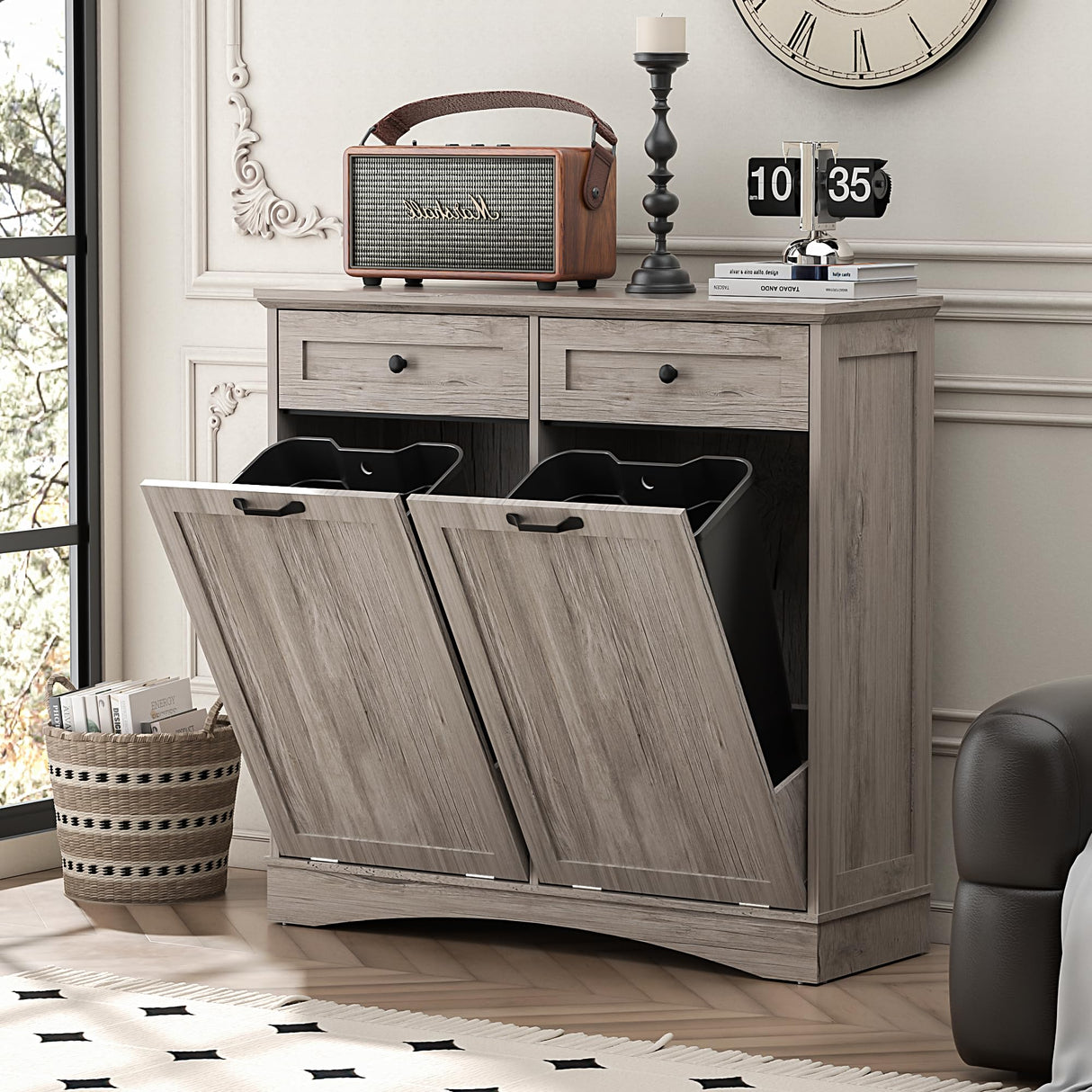 Spurgehom Double Tilt Out Trash Cabinet 13 Gallon Kitchen Waste Bins, Laundry Hamper Tilt Out Pet Proof Hidden Wooden Trash Bin for Kitchen, Grey Spurgehom