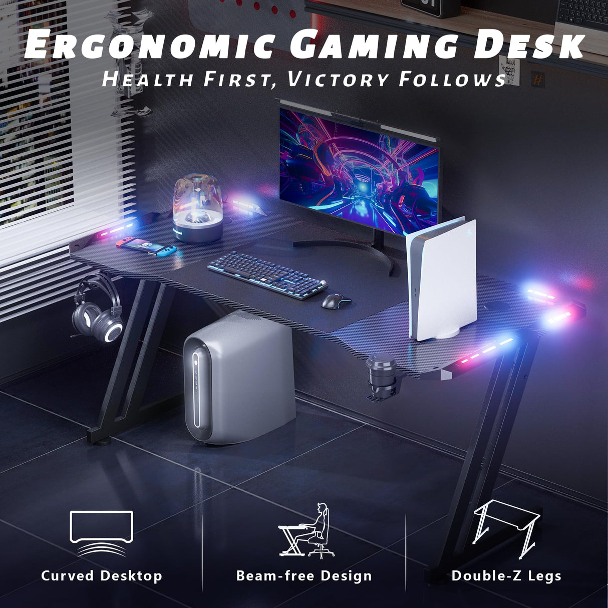 HLDIRECT 63 Inch Gaming Desk with LED Lights Carbon Fibre Surface Gaming Table Large Computer Desk Ergonomic Home Office Desks Z Shaped PC Gamer Workstations with Cup Holder & Headphone Hook Black HLDIRECT