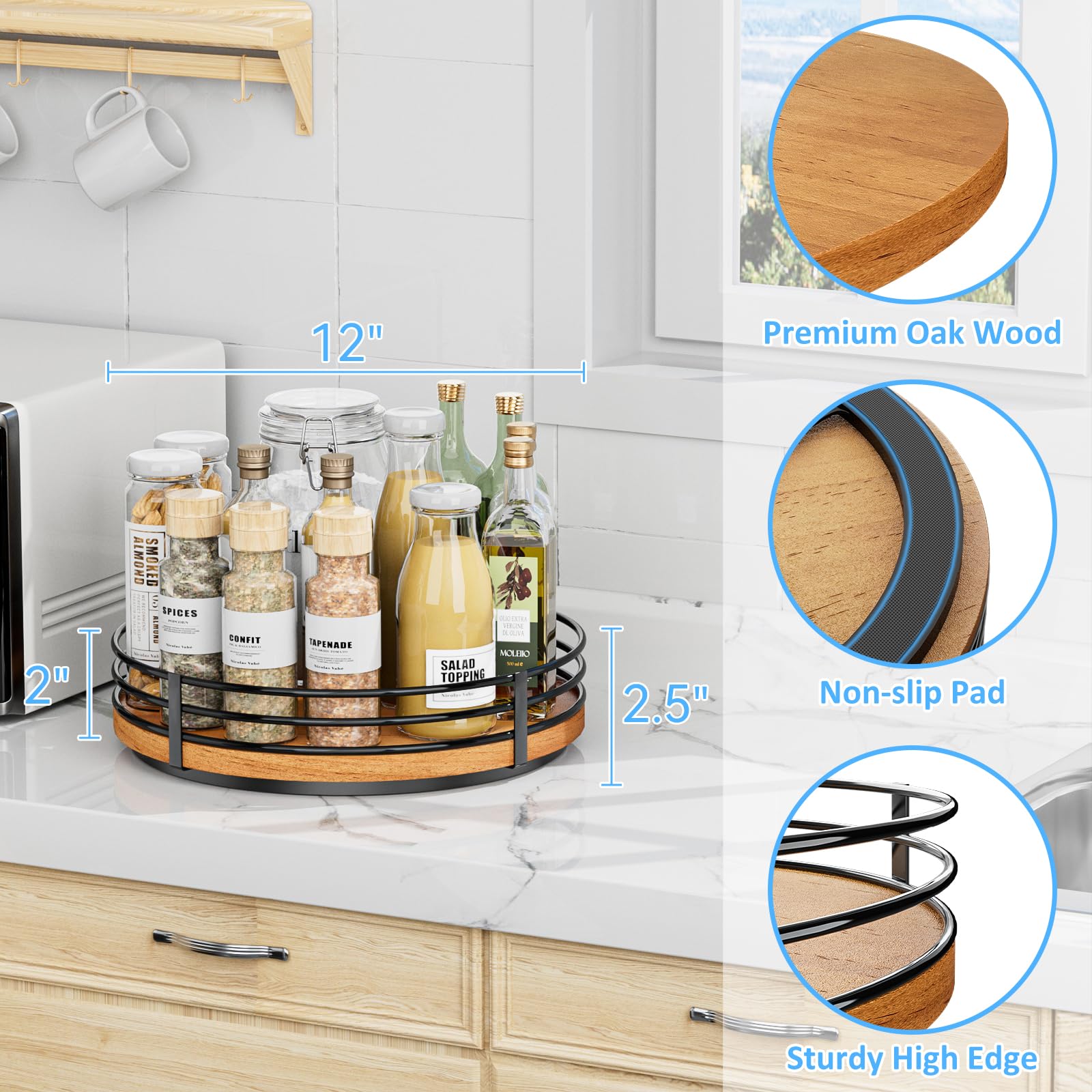 12" Lazy Susan Turntable Organizer - Oak Wood Lazy Susan for Cabinet Kitchen Countertop Dining Table Pantry Cupboard Bathroom Coffee Bar Storage Spice Rack Home Decor - WoodArtSupply