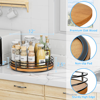 12" Lazy Susan Turntable Organizer - Oak Wood Lazy Susan for Cabinet Kitchen Countertop Dining Table Pantry Cupboard Bathroom Coffee Bar Storage Spice Rack Home Decor - WoodArtSupply