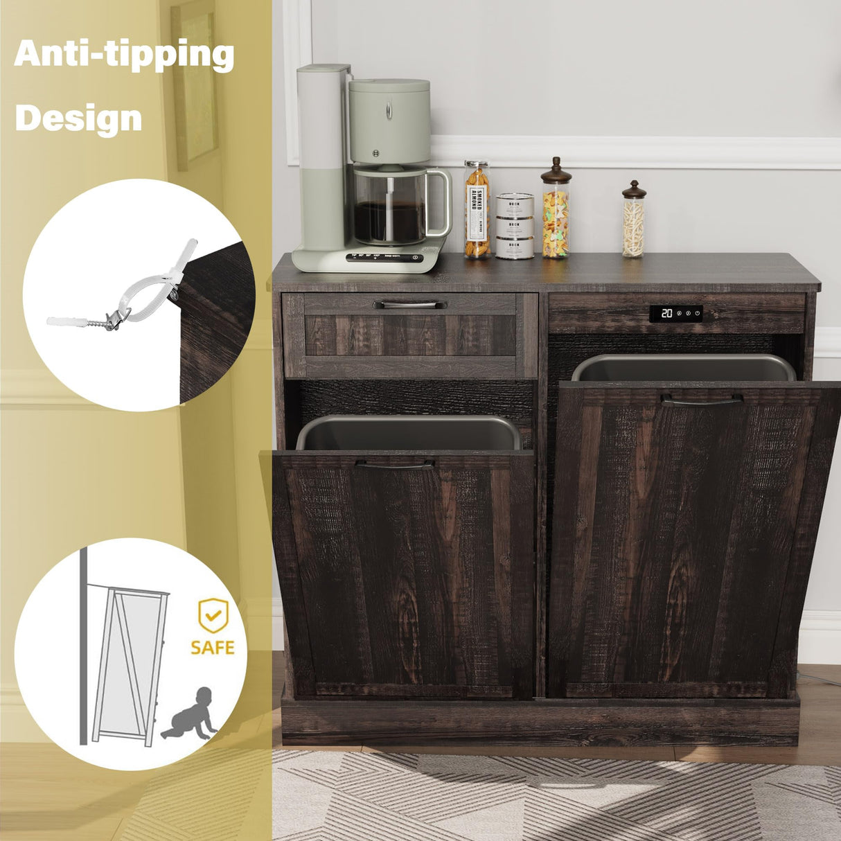 Double Tilt Out Trash Can Cabinet, Kitchen Island with Trash Can Storage, Trashcan Cabinet for Kitchens, Wood Cabinet with Trash Can Pull Out, Dog Proof Trash Can, Tilt Out Laundry Hamper, Brown LOUVIXA