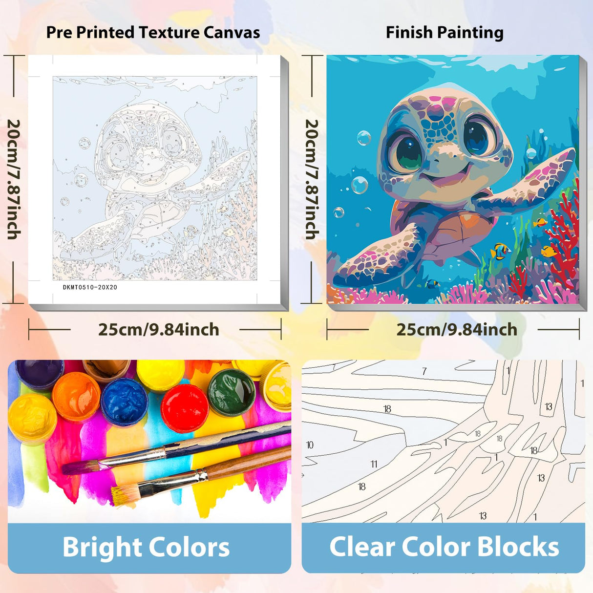 xcemhil Sea Turtle Paint by Numbers Kit for Kids with Wooden Easel Frame, Kid Paint by Number Kits, Turtle Paint by Numbers for Kids Age 5-12 for Gifts and Home Decor 8x8in xcemhil