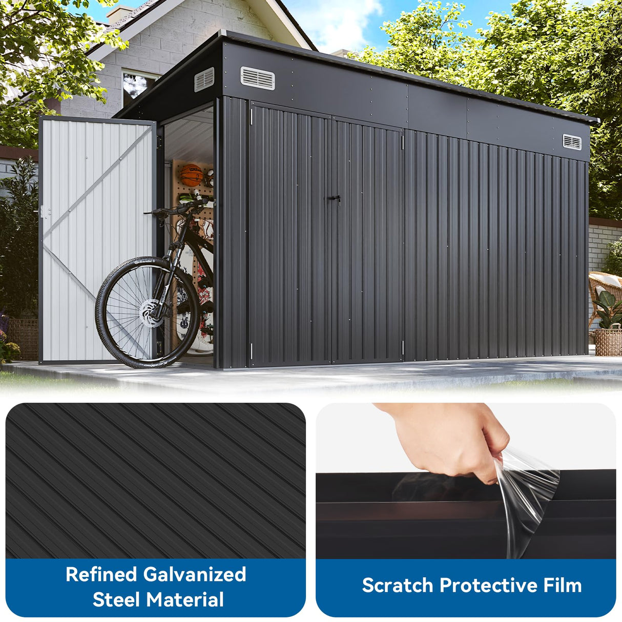 BinpLax 434 cu.ft Shed 12x7.4 Ft Premium Galvanized Steel Storage Sheds with Triple Doors Weatherproof Outdoor Utility Sheds, Dual Lock Lean to Shed for Mower, Bike, Generator, Garden Tools (Black) BinpLax