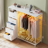 47 Inch White Dresser with LED Lights & Hanging Rack, 5 Drawer Fabric Dresser with Charging Station and Shelves, Tall Closet Organizer for Bedroom Clothes Storage Harpaq
