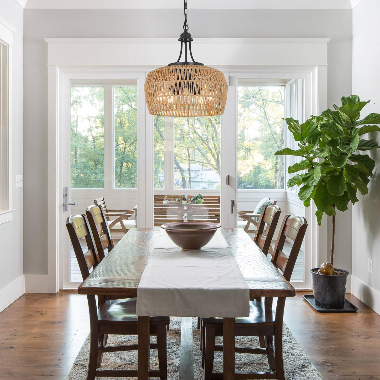 HMVPL Large Farmhouse Chandeliers for Dining Room, 5-Light Rattan Boho Chandelier Light Fixture with Wicker Lampshade, Coastal Hanging Pendant Lighting for Kitchen Island Bedroom Living Room Nursery HMVPL