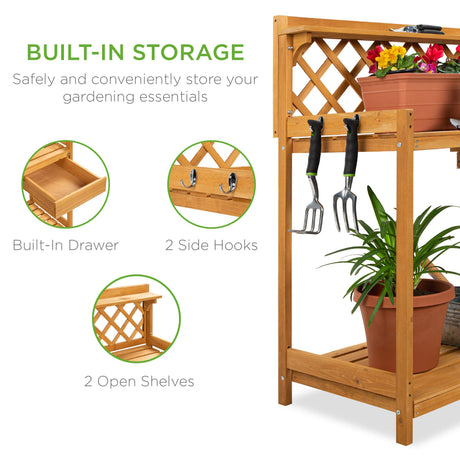 Best Choice Products Outdoor Garden Potting Bench, Wooden Workstation Table w/Cabinet Drawer, Open Shelf, Lower Storage, Lattice Back - Natural Best Choice Products