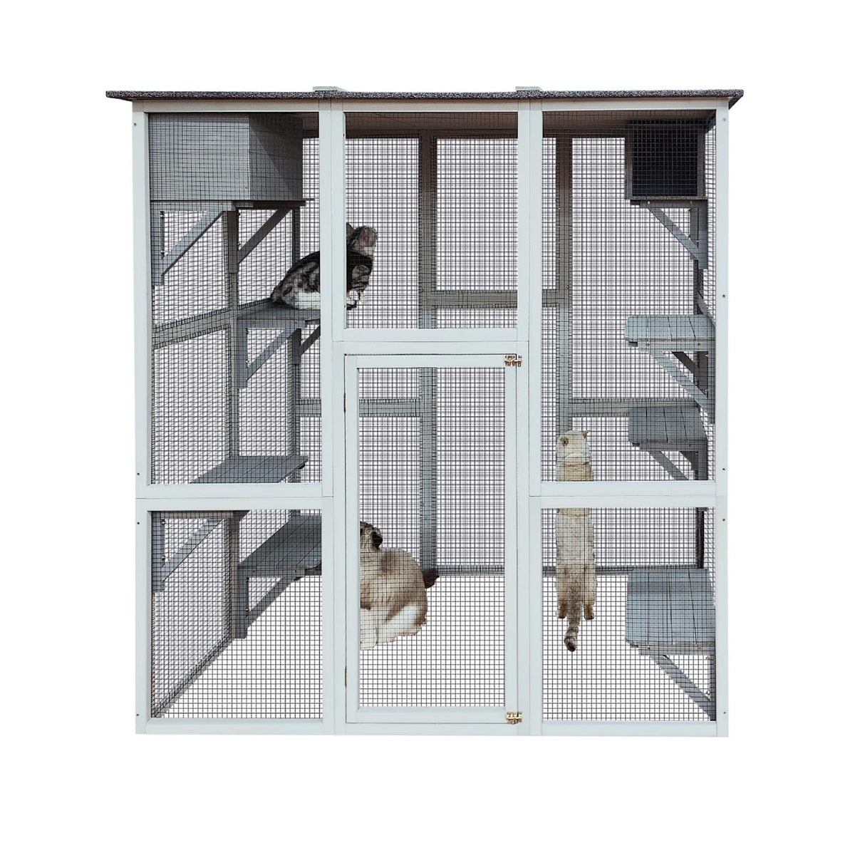 Miscoos Outdoor Wooden Cat Catio - Large Solid Wood Cat Cage Playpen with 8 Jumping Platforms & 2 Napping Houses, Walk-in Cat Kennel Condo Shelter, White Miscoos