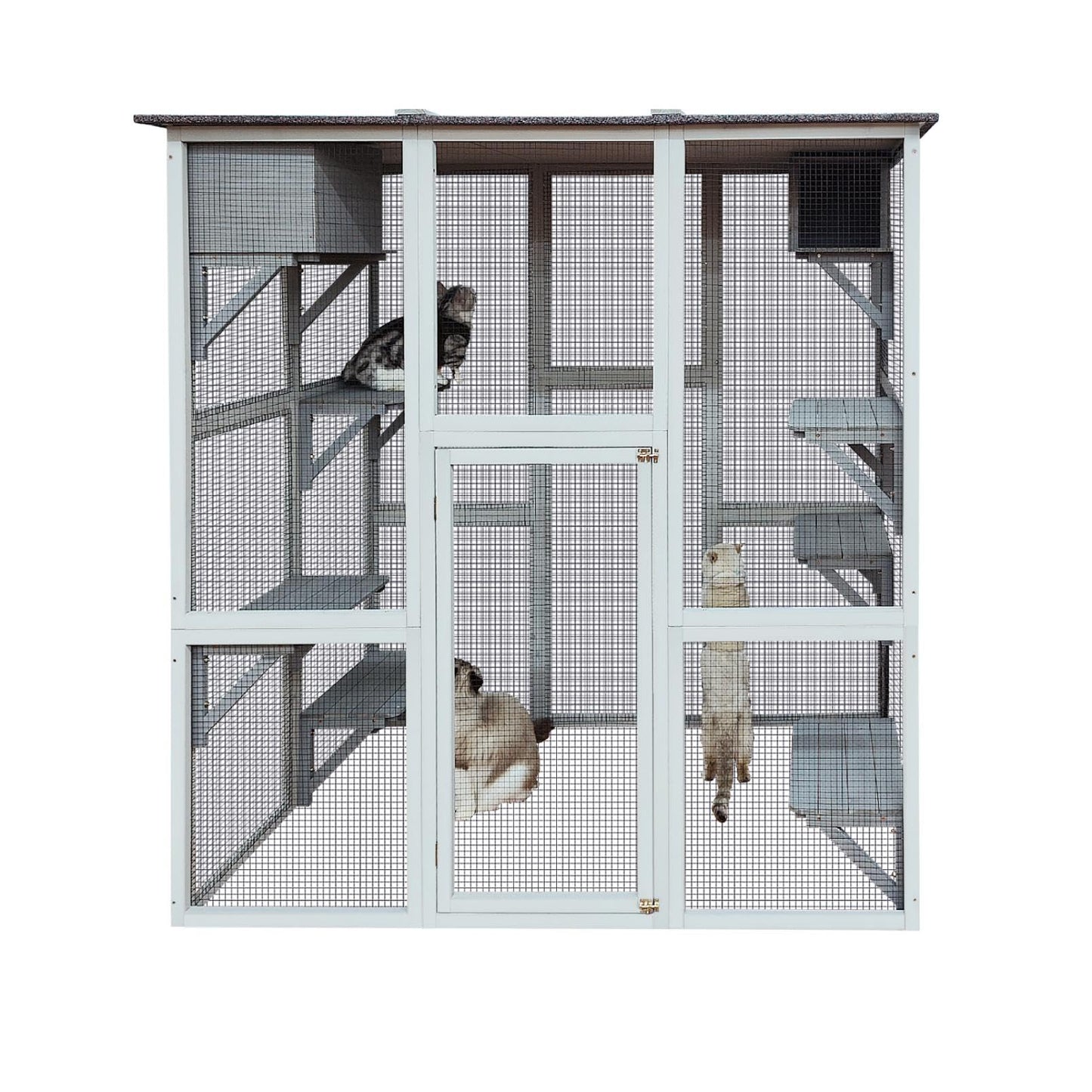 Miscoos Outdoor Wooden Cat Catio - Large Solid Wood Cat Cage Playpen with 8 Jumping Platforms & 2 Napping Houses, Walk-in Cat Kennel Condo Shelter, White