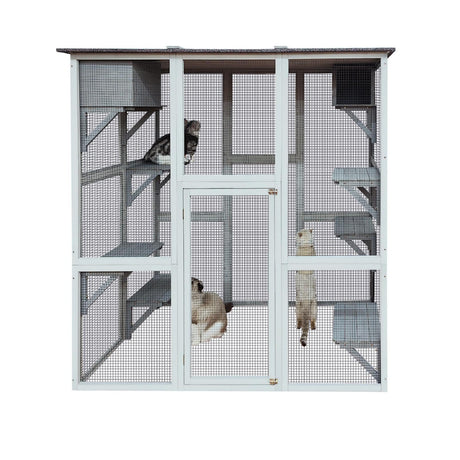Miscoos Outdoor Wooden Cat Catio - Large Solid Wood Cat Cage Playpen with 8 Jumping Platforms & 2 Napping Houses, Walk-in Cat Kennel Condo Shelter, White Miscoos