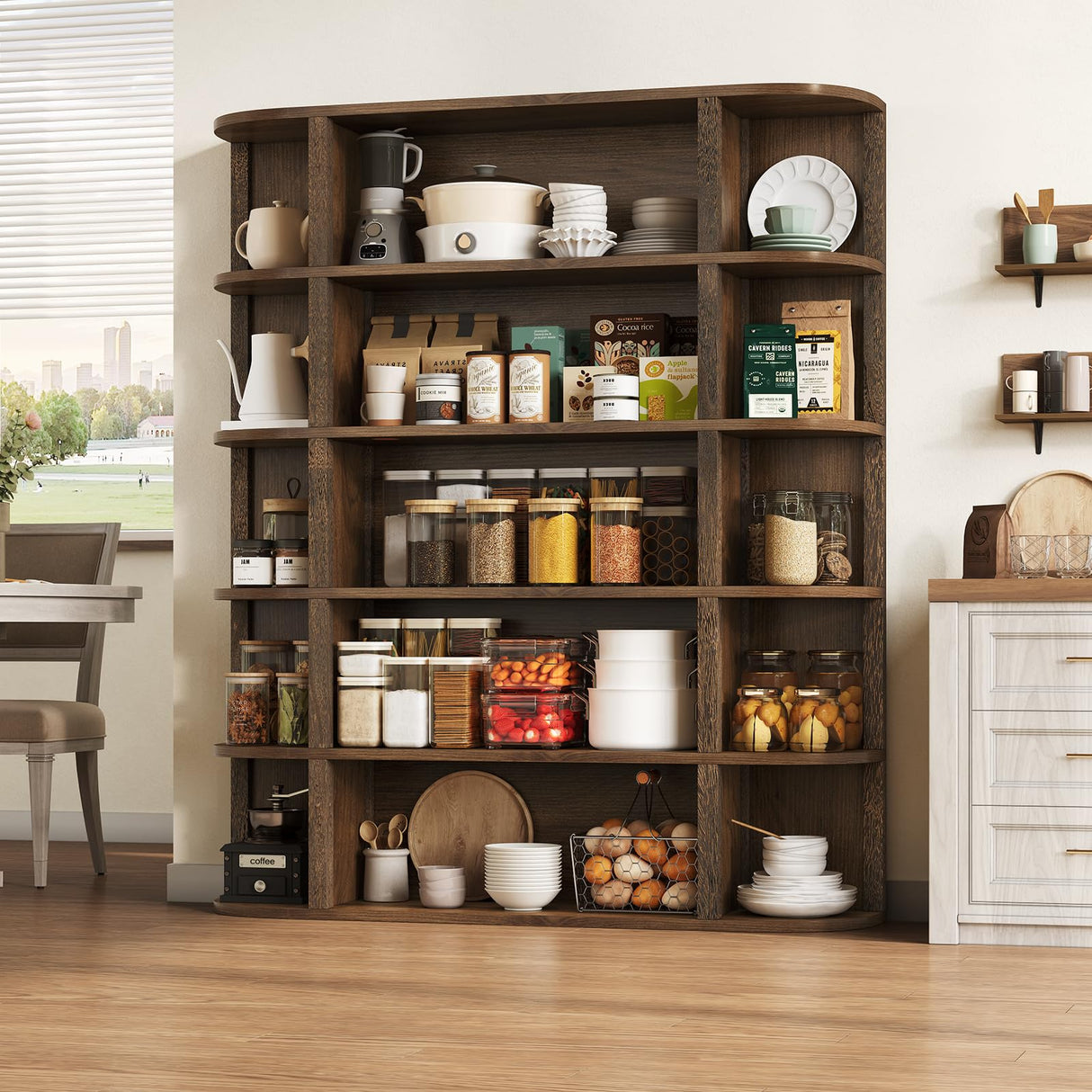 TVU 5-Tier Wood Book Shelf, 47" Wide Large Bookshelf and Bookcase, 62" Tall Bookshelf with Curved Side Shelves, Freestanding Wood Display Book Shelves for Living Room, Home Office, Walnut TVU