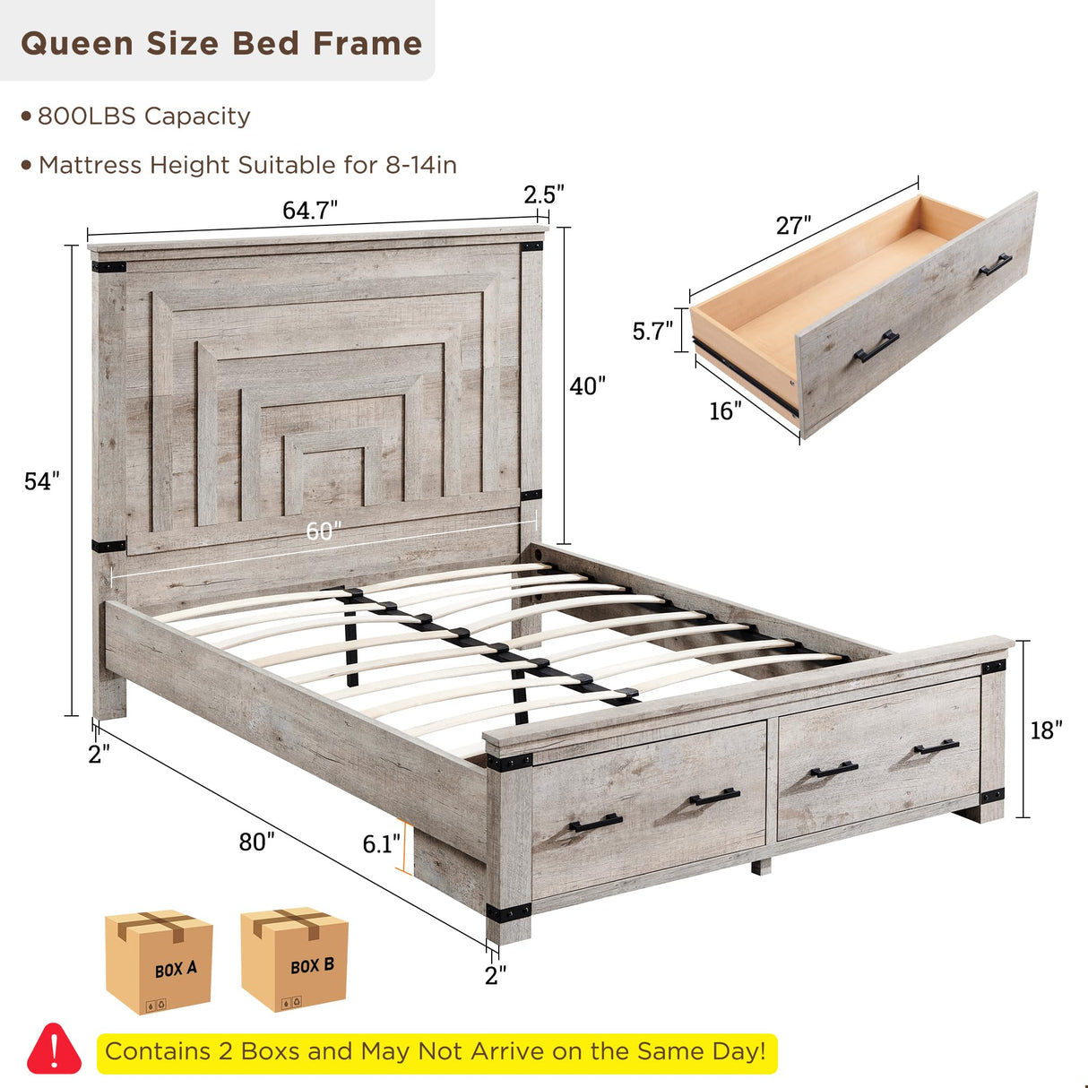 T4TREAM Farmhouse Queen Size Bed Frame with 54" Tall Geometric Headboard & 2 Large Storage Drawers, Rustic Wood Platform Bed with Wood Slats Support, No Box Spring Needed, Light Rustic Oak T4TREAM