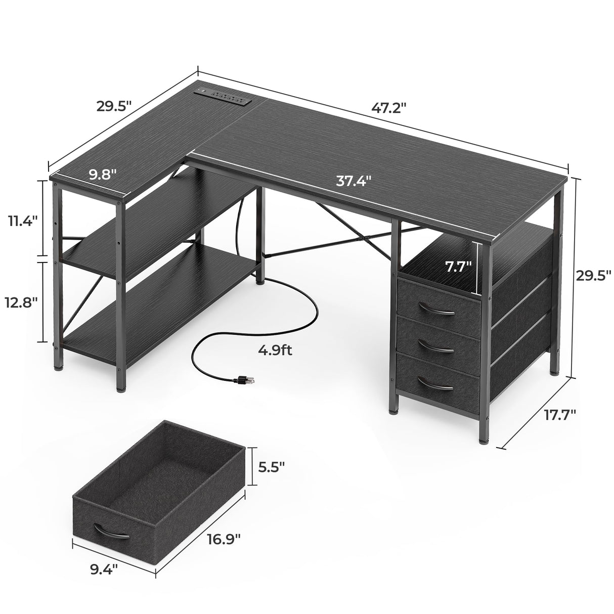 Huuger L Shaped Desk with Power Outlets, Computer Desk with 3 Drawers, 47 Inch Office Desk with Shelves, Gaming Desk, Corner Desk Work Desk for Home Office, Study, Black Huuger