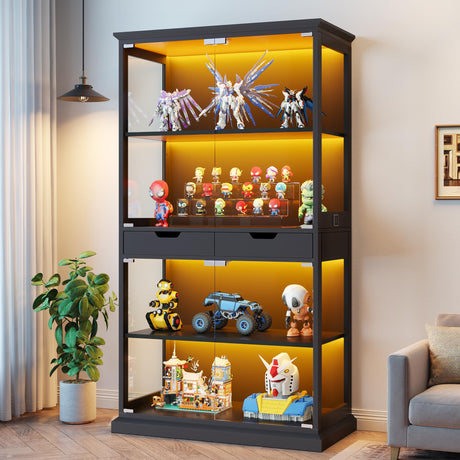 Jocoevol Display Cabinet with Glass Doors, 68'' Tall Curio Cabinet with RGB Lights for Collectibles, 4-Tier Glass Display Case with Human Body Sensor & 2 Drawers for Living/Game Room, Black Jocoevol