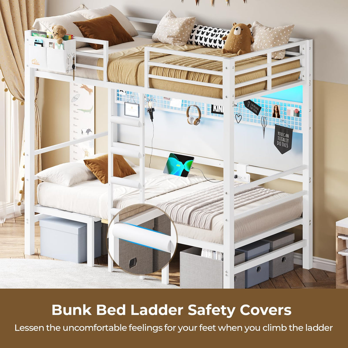 DICTAC Loft Bed Twin Size with Desk and Seat Convertible Twin Over Twin Bunk Bed with Led Lights & Charging Station Metal Bunk Bed with Safety Guard&Stair for Teens,Adults,White(Cushion not Included) DICTAC