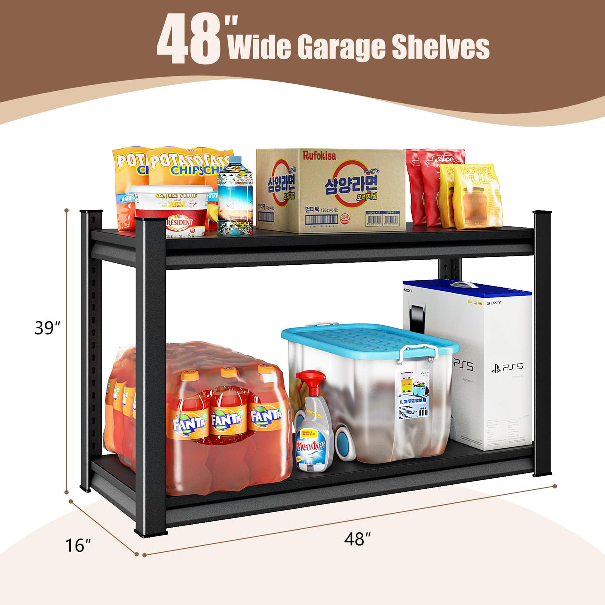 Rufokisa 48" W 2-Tier Garage Shelving Heavy Duty, 1120LBS Loads Garage Storage Shelves, Metal Shelving Units and Storage Racks, Industrial Utility Shelf Heavy Duty,48" Wx16 Dx39 H, Black Rufokisa