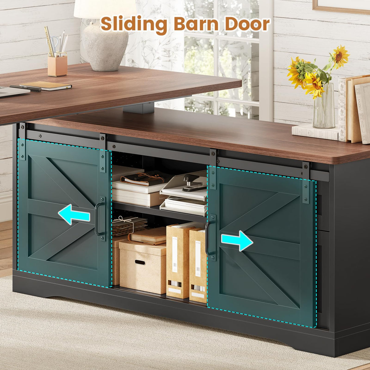 SEDETA Farmhouse L Shaped Standing Desk, 55 inch Height Adjustable Corner Desk with Storage Drawers, Standing Computer Desks with Power Outlets for Home Office, Black SEDETA