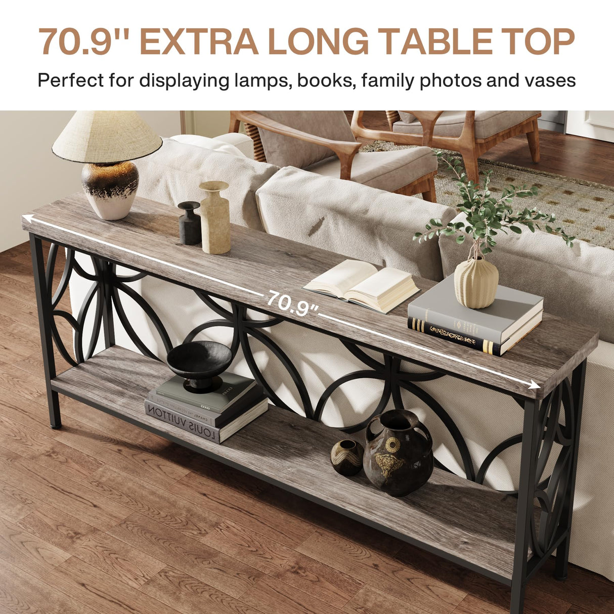 Tribesigns 70.9-Inch Narrow Sofa Table, Industrial Long Sofa Table Behind Couch, Entry Console Table with Storage for Entryway, Living Room, Foyer, Unique Design, Vintage Grey Tribesigns