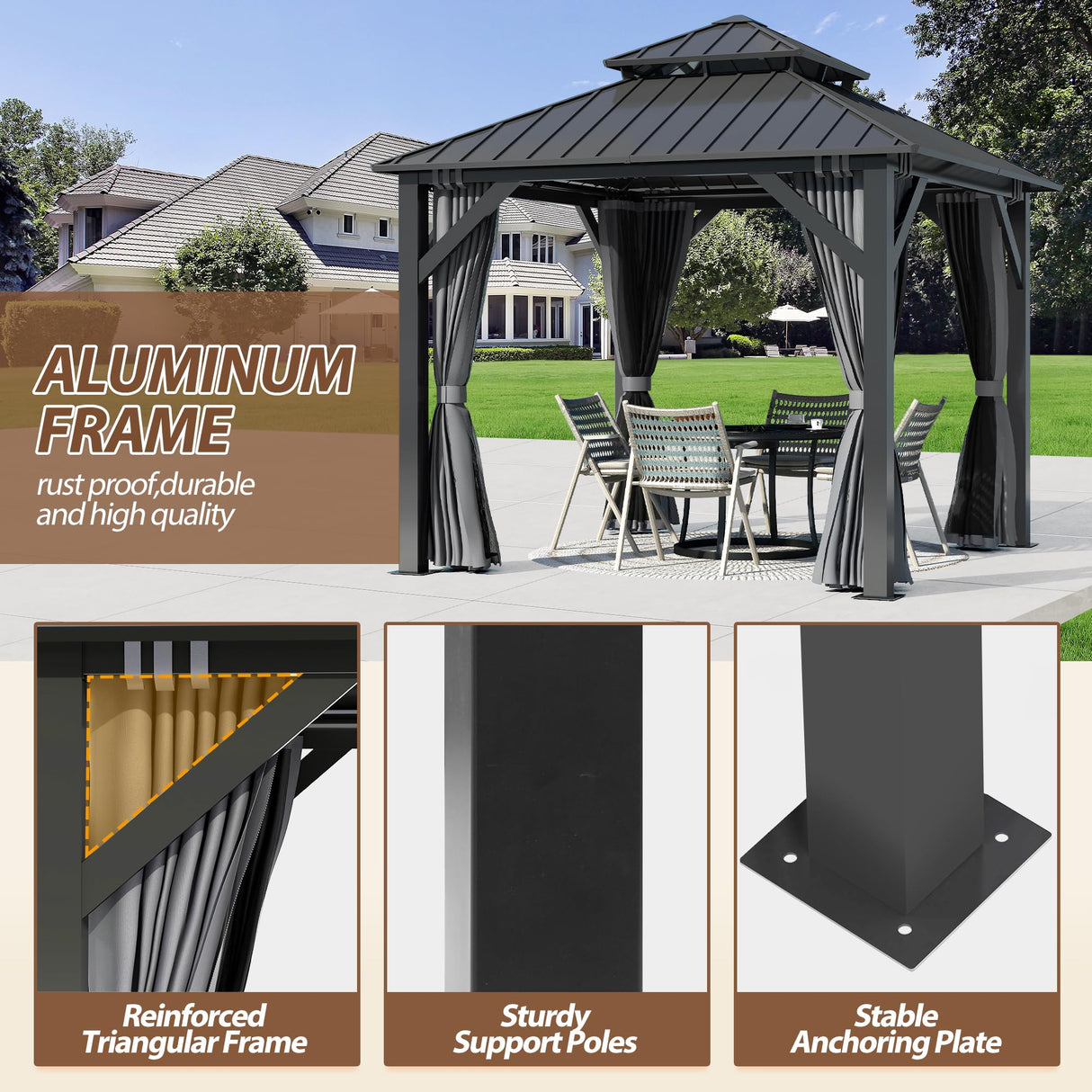 8.5' x 8.5' Hardtop Gazebo, Galvanized Steel Double Roof Gazebo with Nettings and Curtain Outdoor Aluminum Frame Vertical Stripes Roof Gazebos for Patio, Backyard, Lawn Raysfung