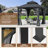 8.5' x 8.5' Hardtop Gazebo, Galvanized Steel Double Roof Gazebo with Nettings and Curtain Outdoor Aluminum Frame Vertical Stripes Roof Gazebos for Patio, Backyard, Lawn Raysfung