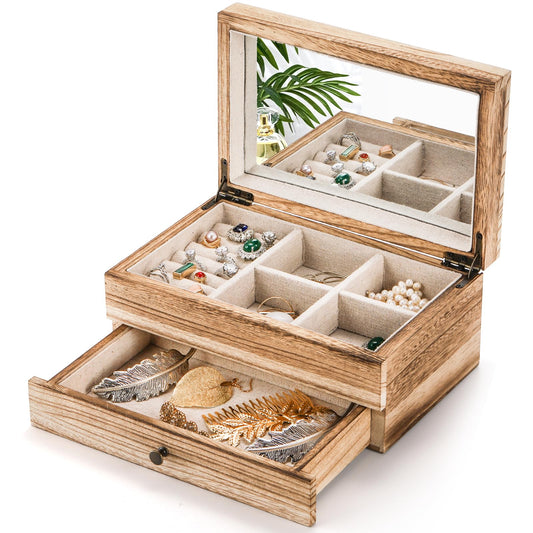 Tebery Rustic Wooden Jewelry Box Organizer with Mirror for Girls Women, 2 Layer Large Vintage Jewelry Storage Case with Ring Tray for Necklace Earring Bracelets Rings(Torched Wood) - WoodArtSupply