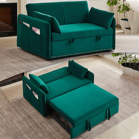 howcool 3 in 1 Convertible Sleeper Futon Sofa Bed, 55" Velvet Small Loveseat Lounge Couches with 2 Pillows, Reclining Backrest, USB Ports & Side Pockets for Living Room, Pull-Out Couch, Green howcool